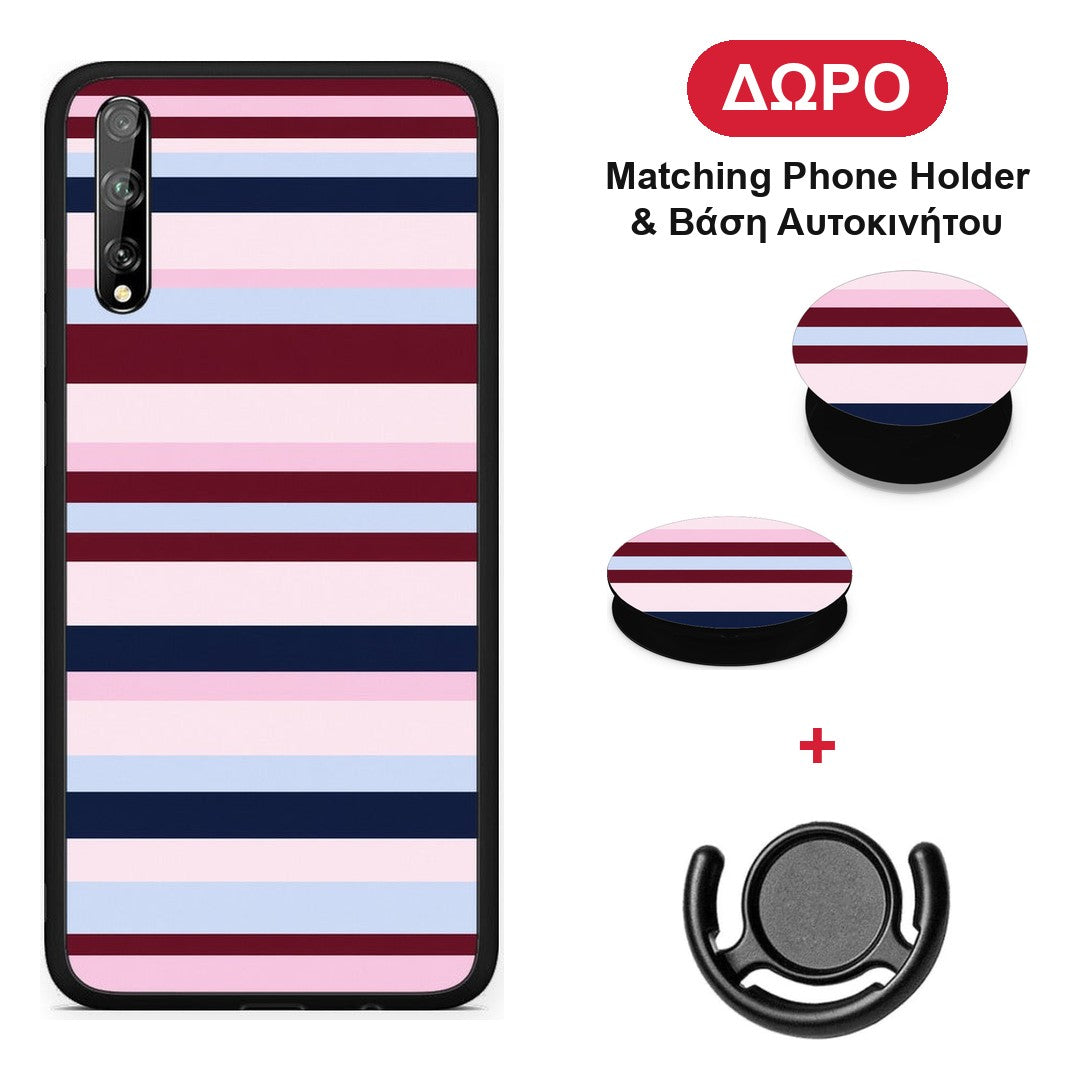 Burgundy Pink and Blue Horizontal Stripes - Huawei P Smart S θήκη + Δώρο Phone Holder & Βάση Αυτοκινήτου