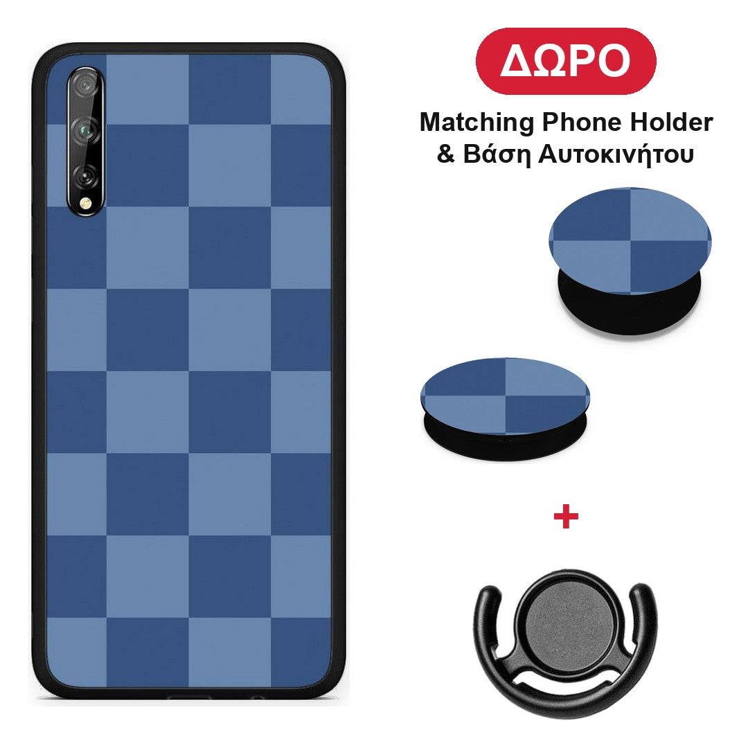 Denim Blue Checkerboard - Huawei P Smart S θήκη + Δώρο Phone Holder & Βάση Αυτοκινήτου