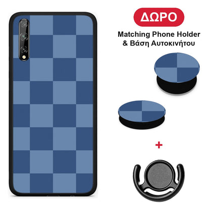Denim Blue Checkerboard - Huawei P Smart S θήκη + Δώρο Phone Holder & Βάση Αυτοκινήτου