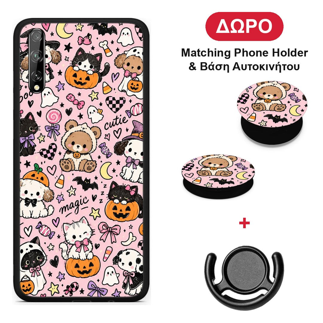 Halloween Cute Animals on Pink - Huawei P Smart S θήκη + Δώρο Phone Holder & Βάση Αυτοκινήτου