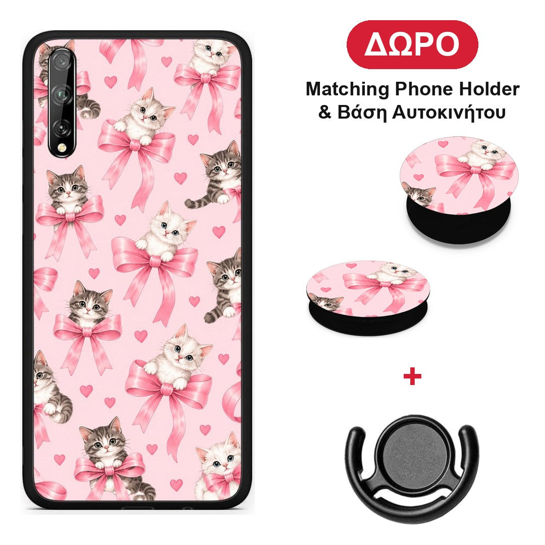 Kittens and Pink Bows on Pink - Huawei P Smart S θήκη + Δώρο Phone Holder & Βάση Αυτοκινήτου
