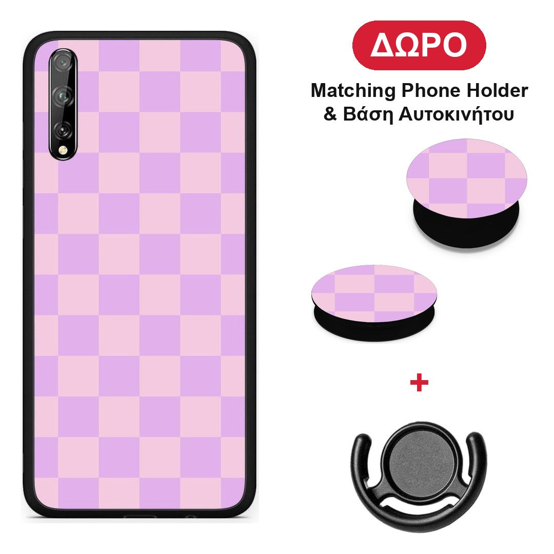 Lavender and Pink Checkerboard - Huawei P Smart S θήκη + Δώρο Phone Holder & Βάση Αυτοκινήτου