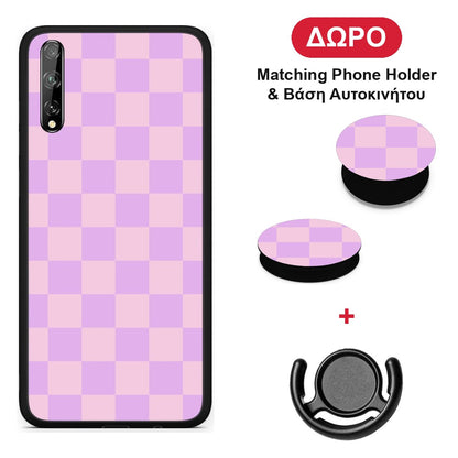 Lavender and Pink Checkerboard - Huawei P Smart S θήκη + Δώρο Phone Holder & Βάση Αυτοκινήτου