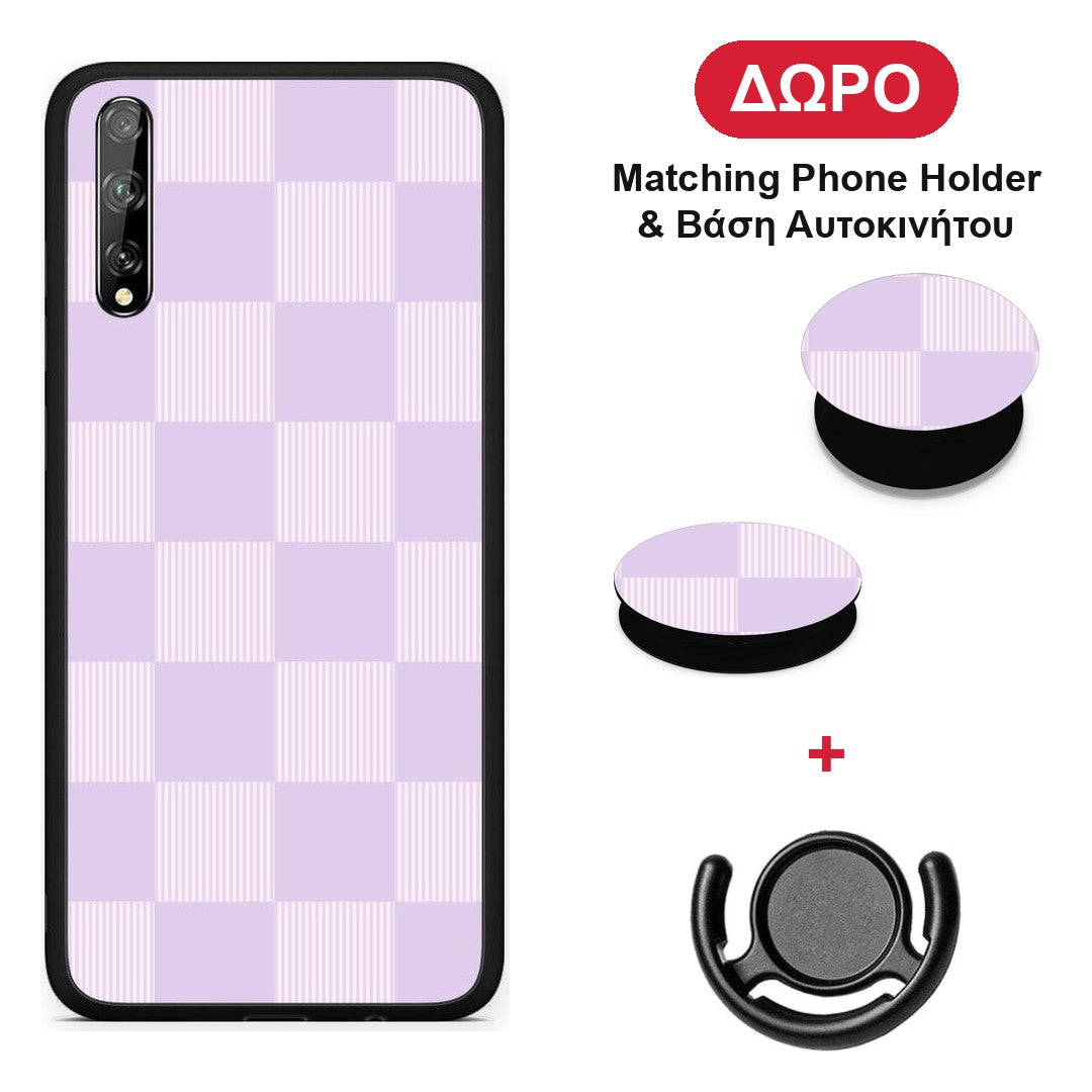 Lilac and Cream Striped Checks - Huawei P Smart S θήκη + Δώρο Phone Holder & Βάση Αυτοκινήτου