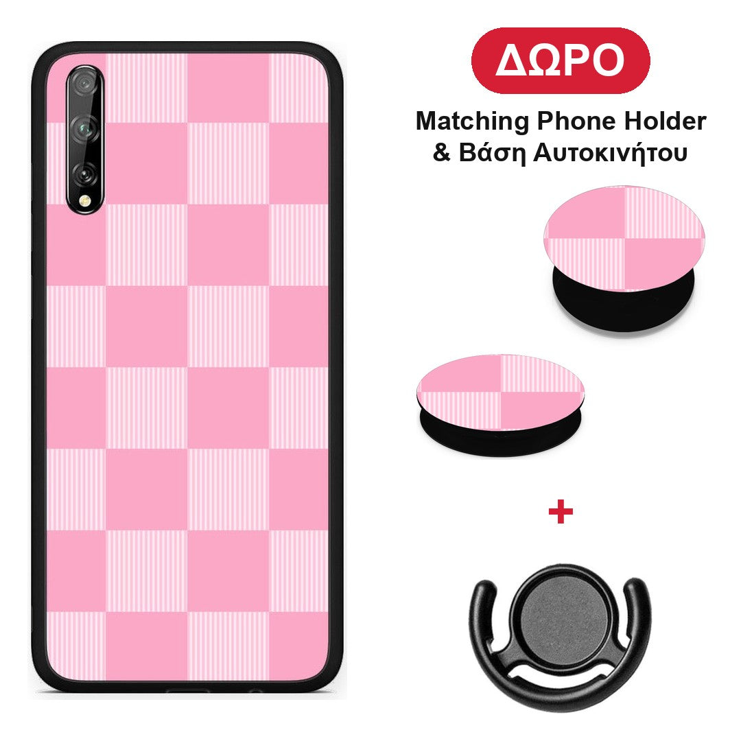 Pink and White Striped Checks - Huawei P Smart S θήκη + Δώρο Phone Holder & Βάση Αυτοκινήτου