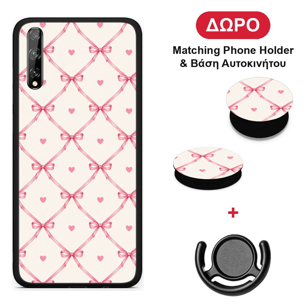 Pink Bow Lattice and Hearts on Cream - Huawei P Smart S θήκη + Δώρο Phone Holder & Βάση Αυτοκινήτου