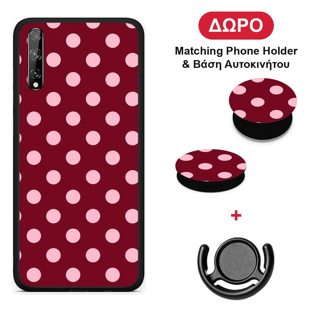 Pink Polka Dots on Burgundy - Huawei P Smart S θήκη + Δώρο Phone Holder & Βάση Αυτοκινήτου