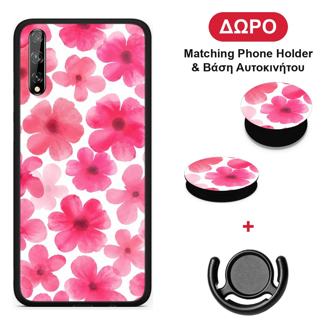 Pink Watercolour Flowers on White - Huawei P Smart S θήκη + Δώρο Phone Holder & Βάση Αυτοκινήτου