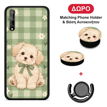 Puppy and Daisies on Sage Gingham - Huawei P Smart S θήκη + Δώρο Phone Holder & Βάση Αυτοκινήτου
