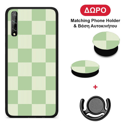 Sage and Cream Striped Checks - Huawei P Smart S θήκη + Δώρο Phone Holder & Βάση Αυτοκινήτου