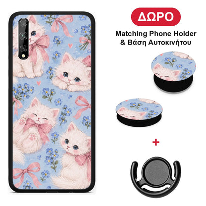 White Kittens and Blue Flowers Large - Huawei P Smart S θήκη + Δώρο Phone Holder & Βάση Αυτοκινήτου