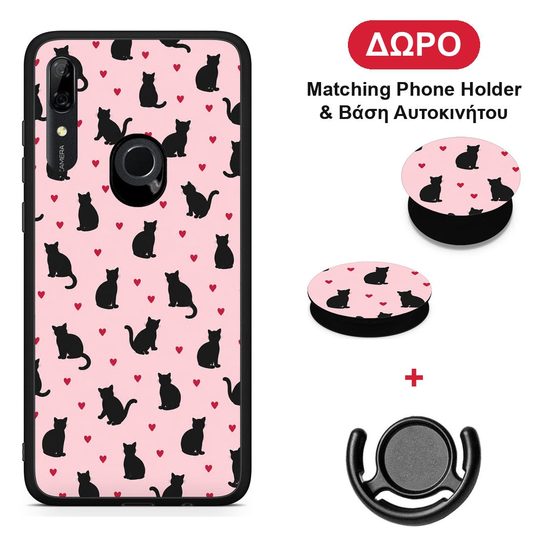 Black Cat Silhouettes and Hearts on Pink - Huawei P Smart Z θήκη + Δώρο Phone Holder & Βάση Αυτοκινήτου