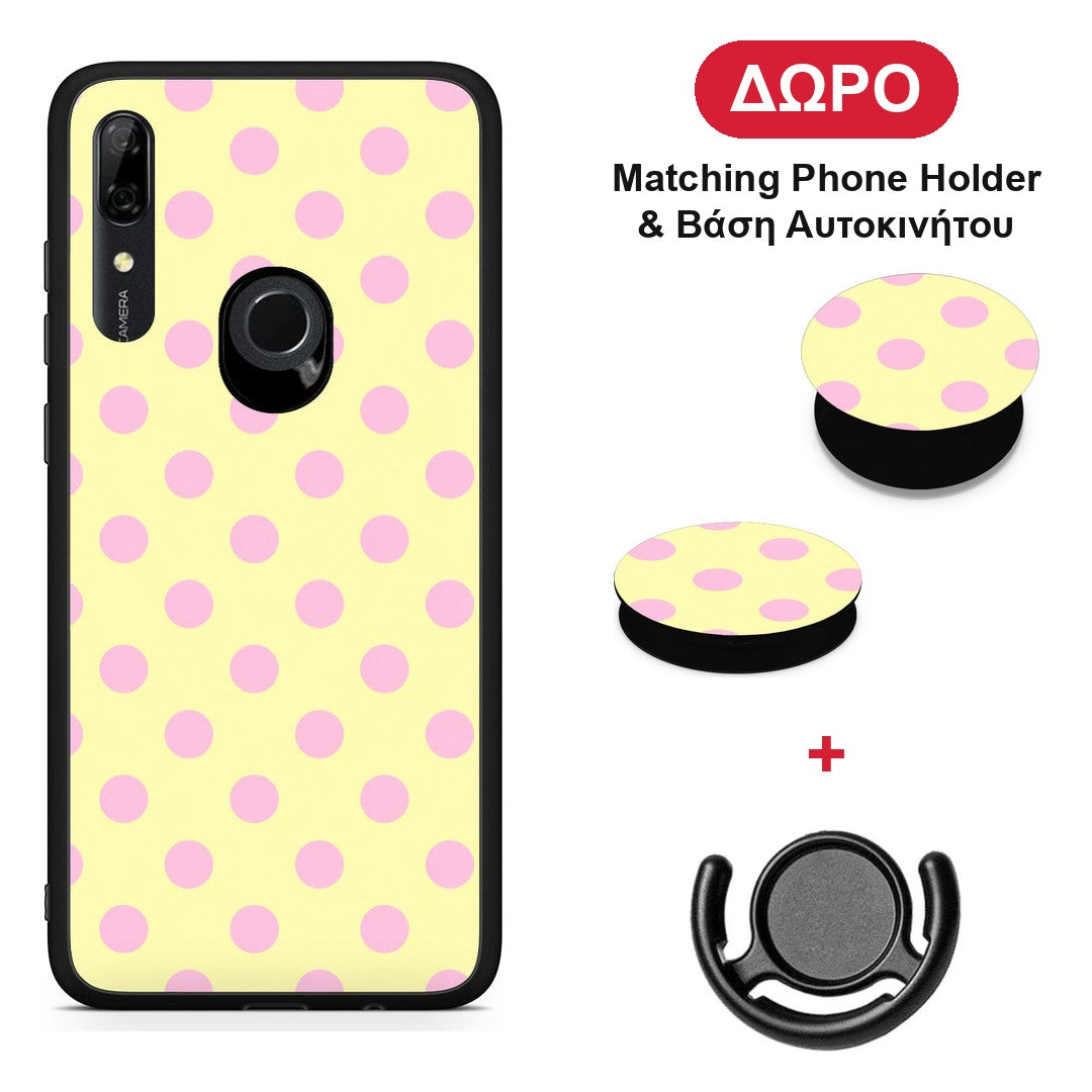 Pink Polka Dots on Yellow - Huawei P Smart Z θήκη + Δώρο Phone Holder & Βάση Αυτοκινήτου