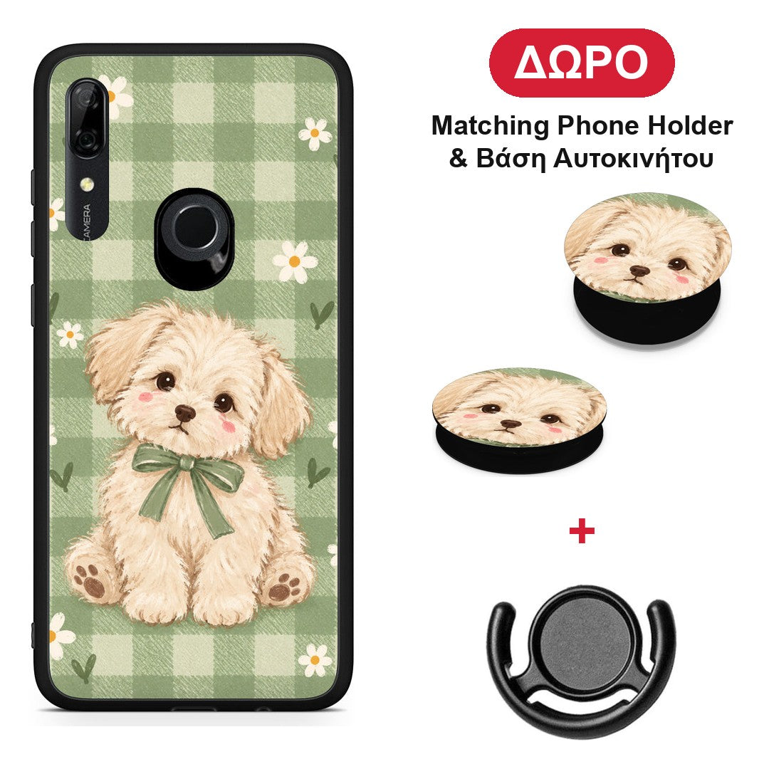Puppy and Daisies on Sage Gingham - Huawei P Smart Z θήκη + Δώρο Phone Holder & Βάση Αυτοκινήτου