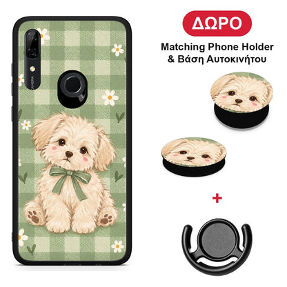 Puppy and Daisies on Sage Gingham - Huawei P Smart Z θήκη + Δώρο Phone Holder & Βάση Αυτοκινήτου