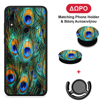 Real Peacock Feathers - Huawei P Smart Z θήκη + Δώρο Phone Holder & Βάση Αυτοκινήτου