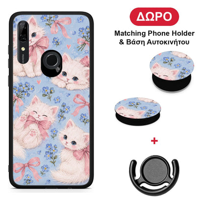 White Kittens and Blue Flowers Large - Huawei P Smart Z θήκη + Δώρο Phone Holder & Βάση Αυτοκινήτου