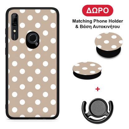 White Polka Dots on Taupe - Huawei P Smart Z θήκη + Δώρο Phone Holder & Βάση Αυτοκινήτου