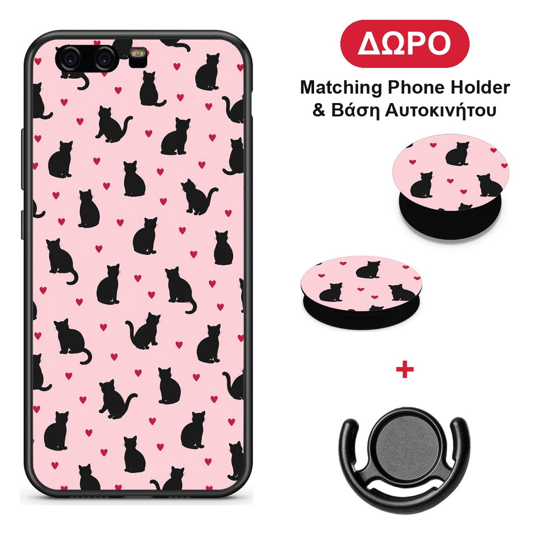 Black Cat Silhouettes and Hearts on Pink - Huawei P10 θήκη + Δώρο Phone Holder & Βάση Αυτοκινήτου
