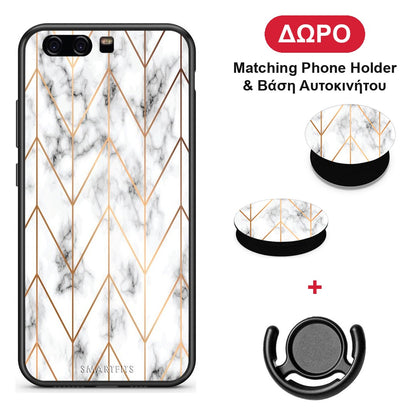 Marble Gold Geometric - Huawei P10 θήκη + Δώρο Phone Holder & Βάση Αυτοκινήτου