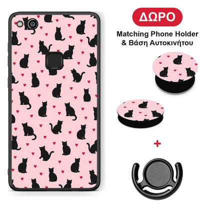 Black Cat Silhouettes and Hearts on Pink - Huawei P10 Lite θήκη + Δώρο Phone Holder & Βάση Αυτοκινήτου
