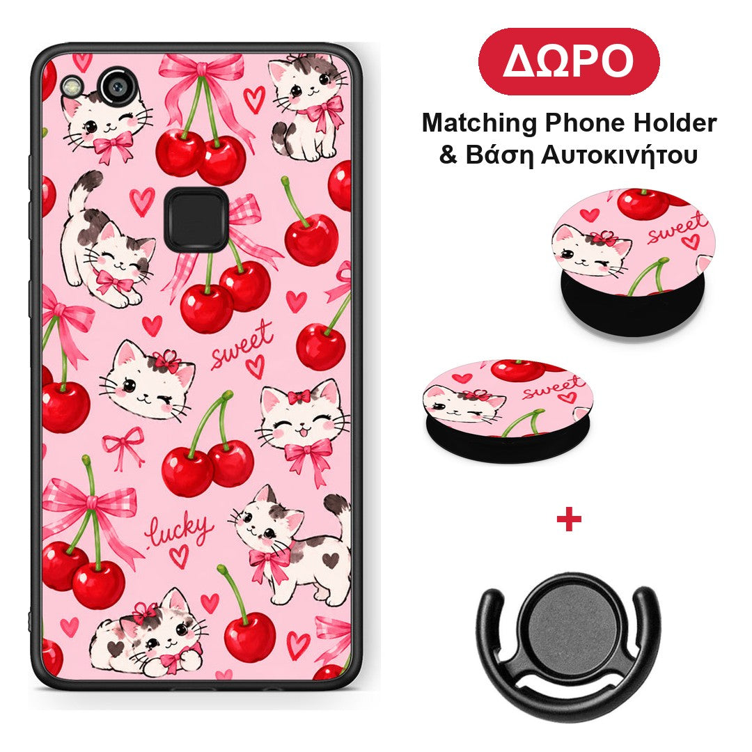 Cherries Bows and Kittens on Pink - Huawei P10 Lite θήκη + Δώρο Phone Holder & Βάση Αυτοκινήτου
