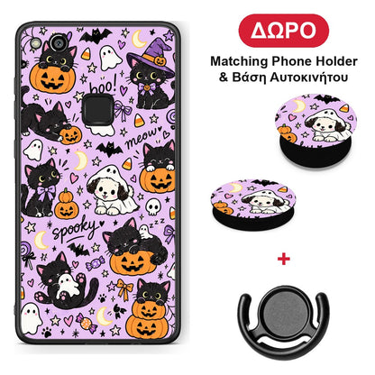 Halloween Black Cats on Lilac - Huawei P10 Lite θήκη + Δώρο Phone Holder & Βάση Αυτοκινήτου