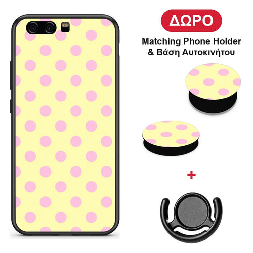 Pink Polka Dots on Yellow - Huawei P10 θήκη + Δώρο Phone Holder & Βάση Αυτοκινήτου
