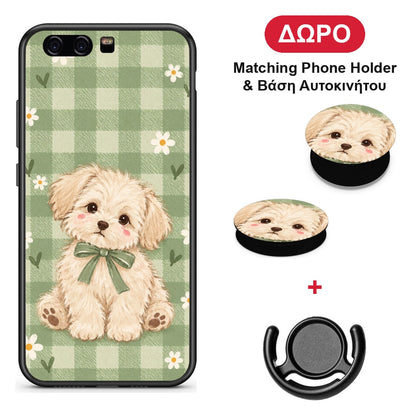 Puppy and Daisies on Sage Gingham - Huawei P10 θήκη + Δώρο Phone Holder & Βάση Αυτοκινήτου
