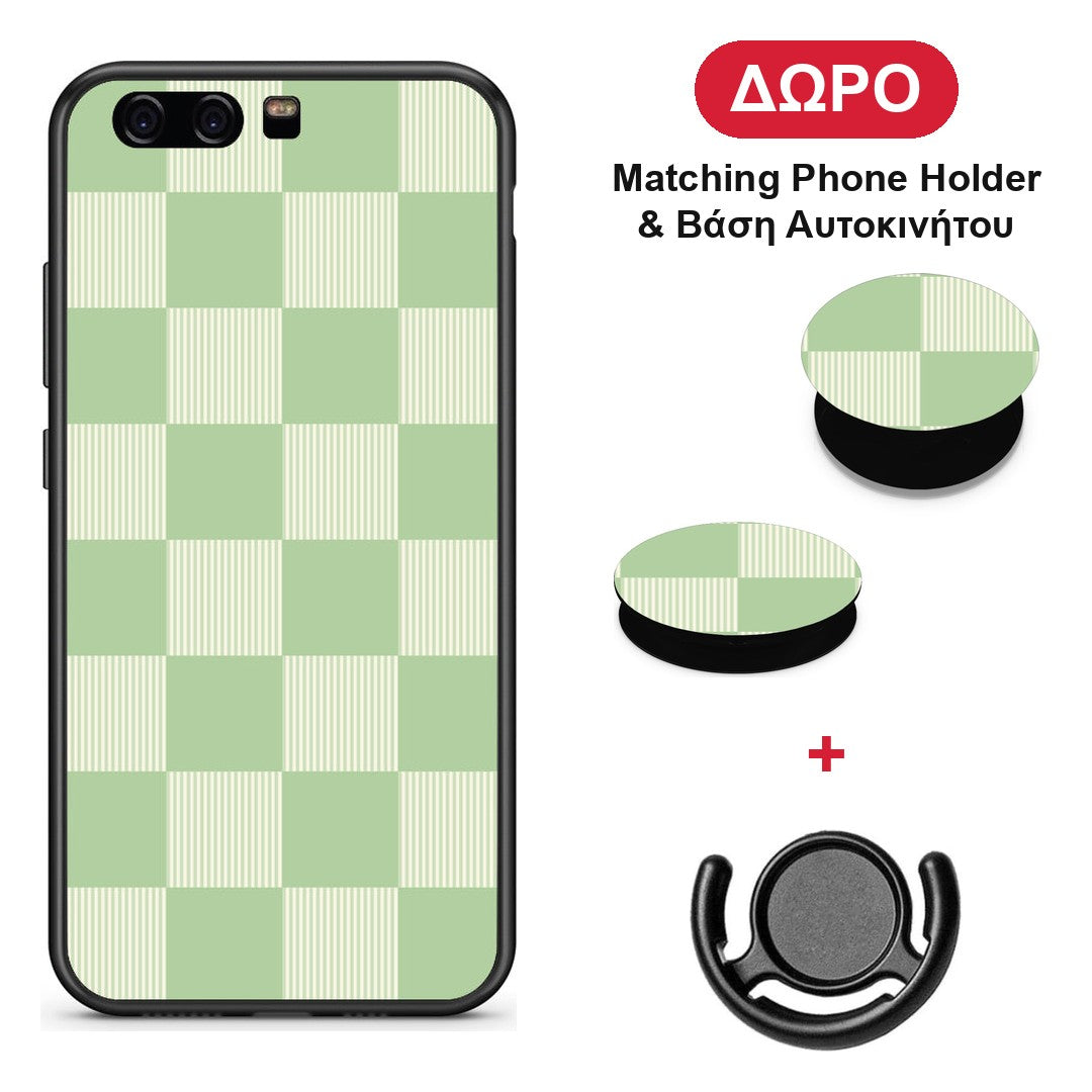 Sage and Cream Striped Checks - Huawei P10 θήκη + Δώρο Phone Holder & Βάση Αυτοκινήτου