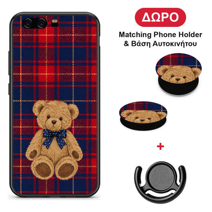 Teddy Bear on Red and Navy Tartan - Huawei P10 θήκη + Δώρο Phone Holder & Βάση Αυτοκινήτου
