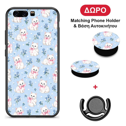 White Kittens and Blue Flowers Small - Huawei P10 θήκη + Δώρο Phone Holder & Βάση Αυτοκινήτου