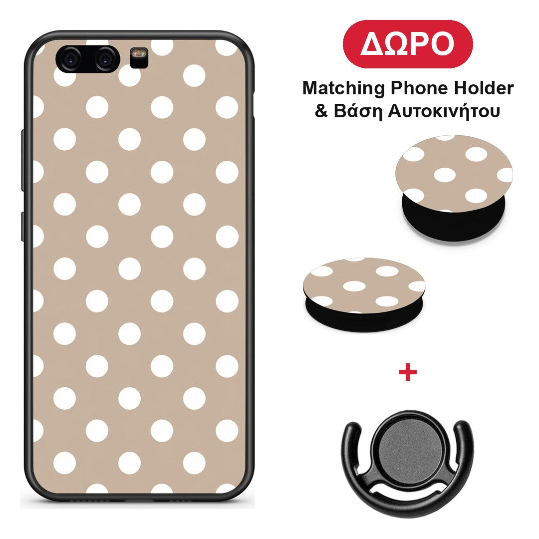 White Polka Dots on Taupe - Huawei P10 θήκη + Δώρο Phone Holder & Βάση Αυτοκινήτου