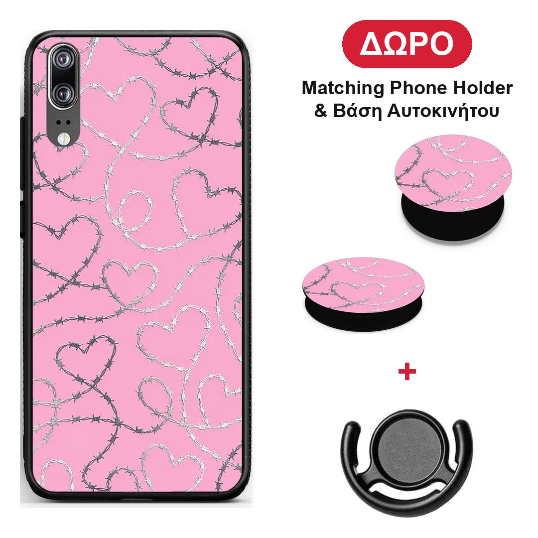 Barbed Wire Hearts on Pink - Huawei P20 θήκη + Δώρο Phone Holder & Βάση Αυτοκινήτου