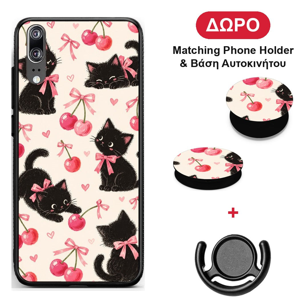 Black Kittens and Cherries on Cream - Huawei P20 θήκη + Δώρο Phone Holder & Βάση Αυτοκινήτου