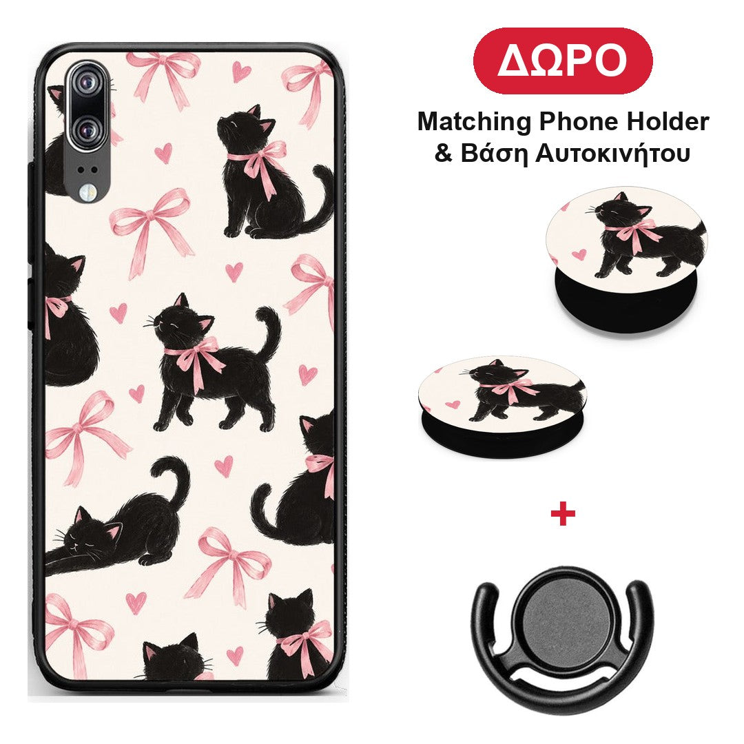 Black Kittens and Pink Bows on Cream Large - Huawei P20 θήκη + Δώρο Phone Holder & Βάση Αυτοκινήτου