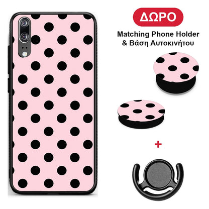 Black Polka Dots on Pink - Huawei P20 θήκη + Δώρο Phone Holder & Βάση Αυτοκινήτου