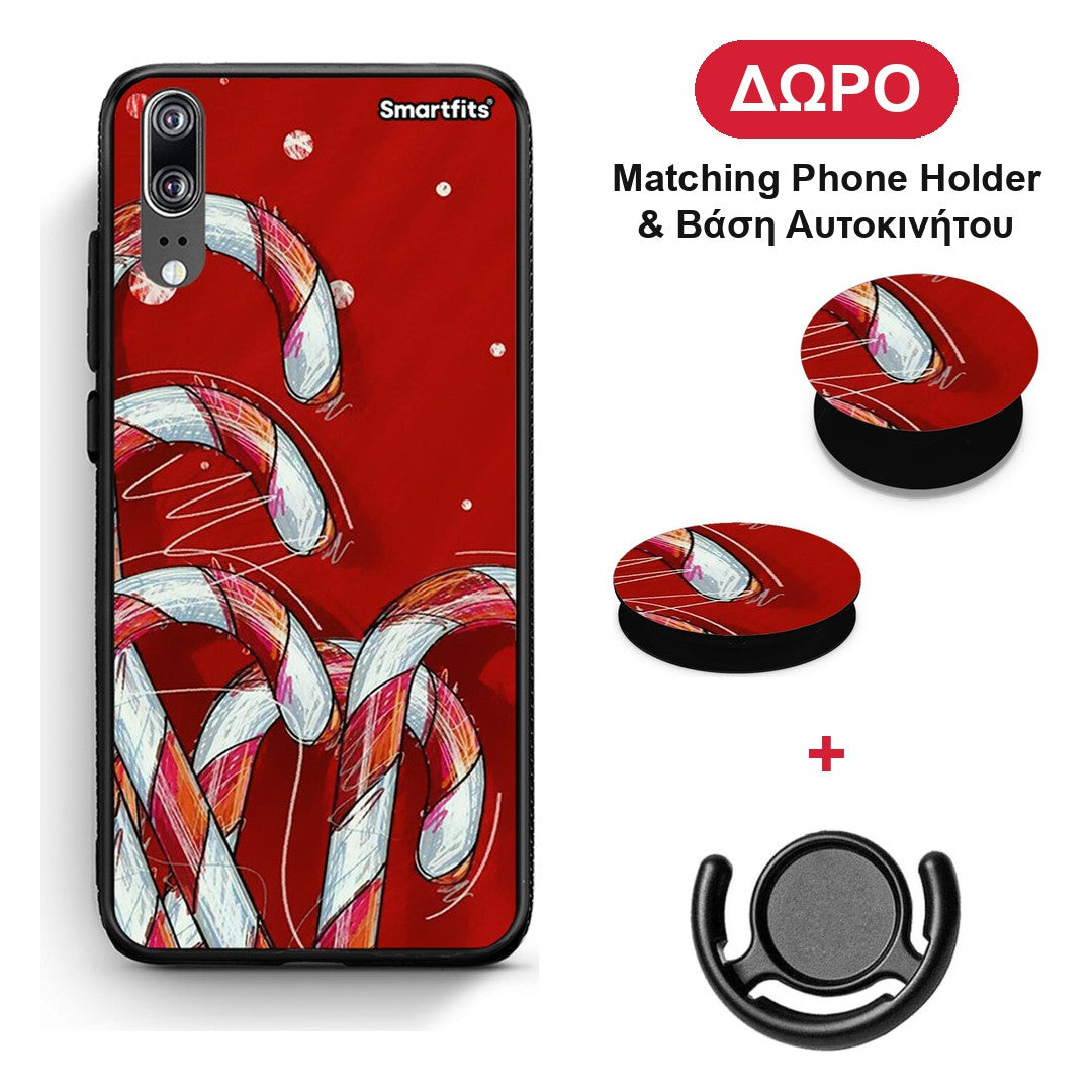 Candy Cane - Huawei P20 θήκη + Δώρο Phone Holder & Βάση Αυτοκινήτου