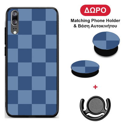 Denim Blue Checkerboard - Huawei P20 θήκη + Δώρο Phone Holder & Βάση Αυτοκινήτου