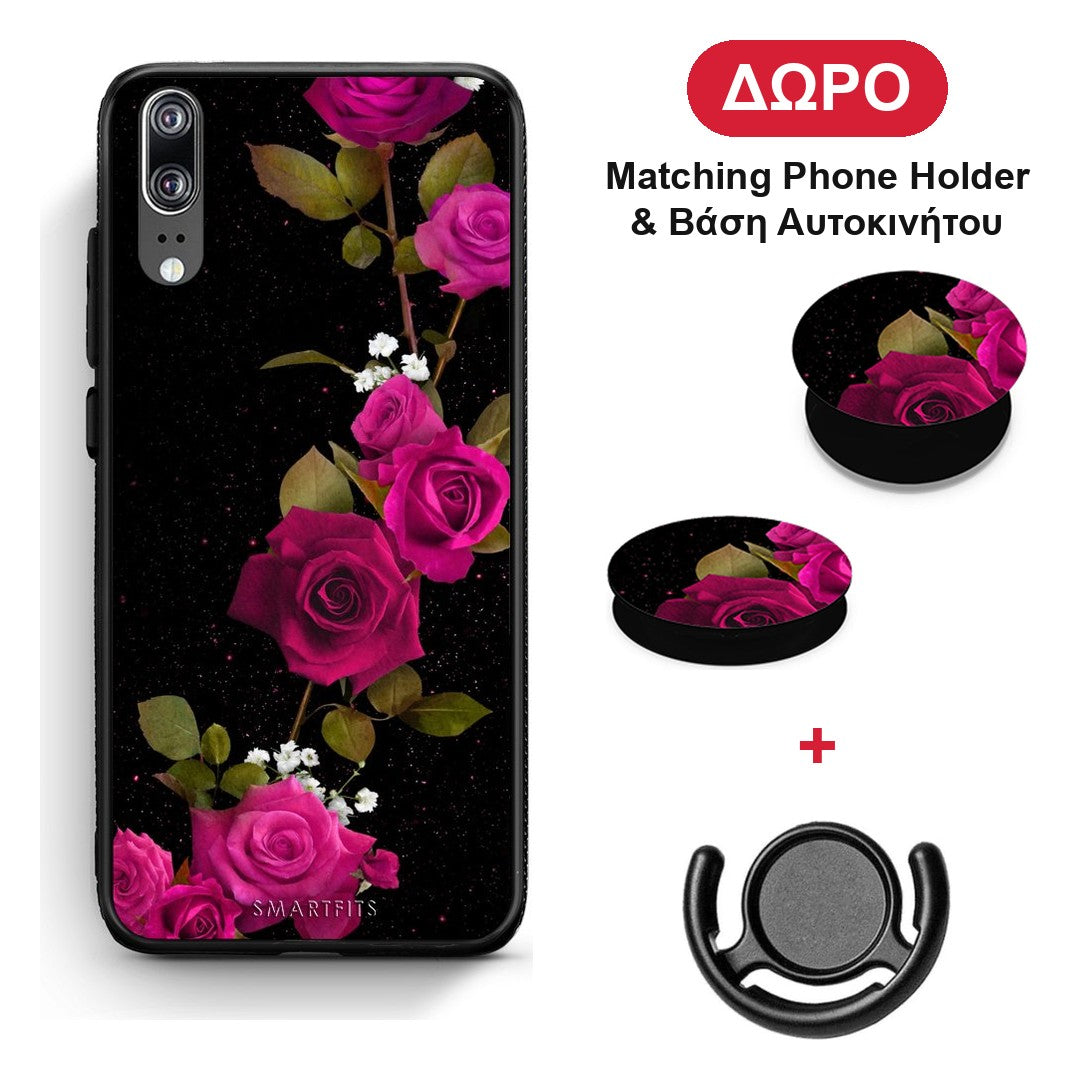 Flower Red Roses - Huawei P20 θήκη + Δώρο Phone Holder & Βάση Αυτοκινήτου