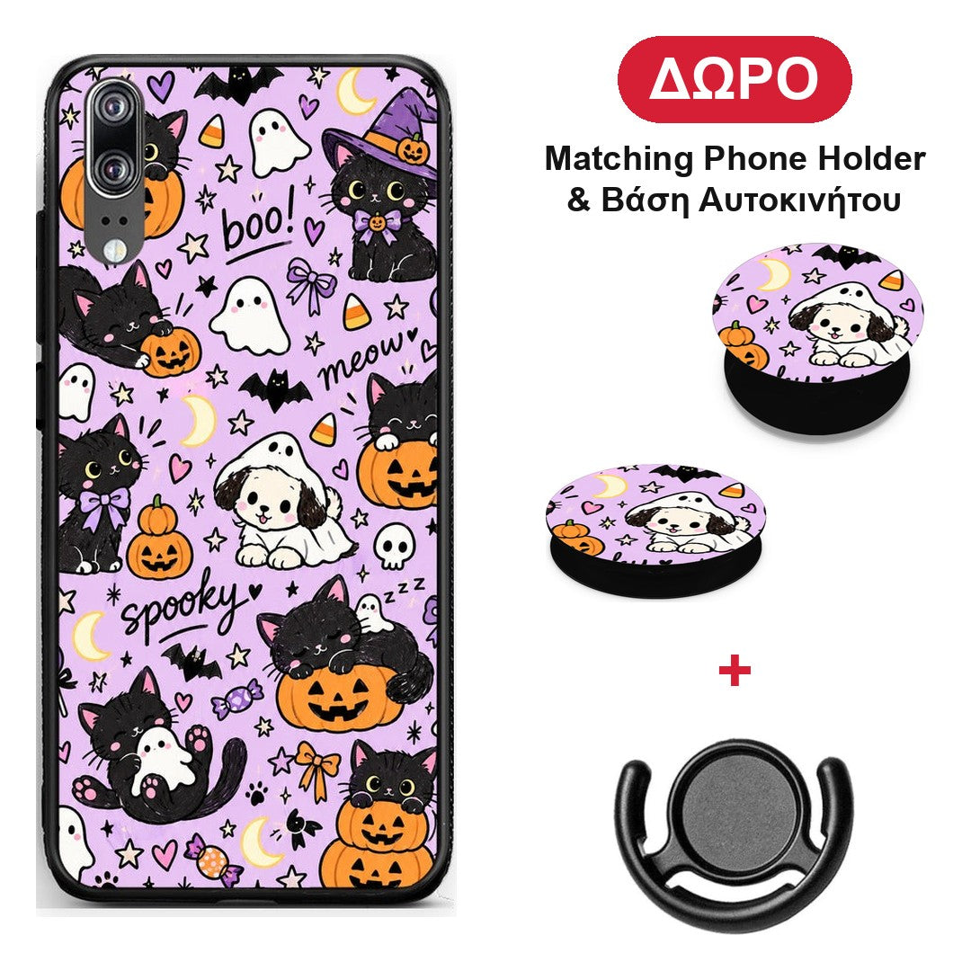 Halloween Black Cats on Lilac - Huawei P20 θήκη + Δώρο Phone Holder & Βάση Αυτοκινήτου