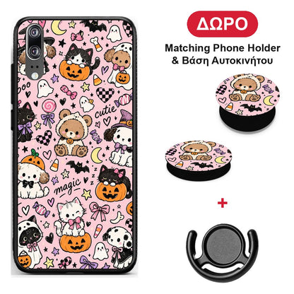 Halloween Cute Animals on Pink - Huawei P20 θήκη + Δώρο Phone Holder & Βάση Αυτοκινήτου