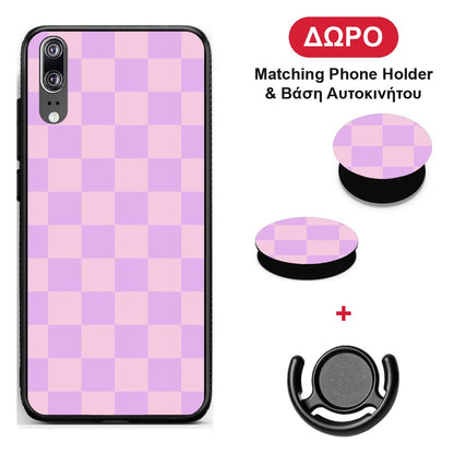 Lavender and Pink Checkerboard - Huawei P20 θήκη + Δώρο Phone Holder & Βάση Αυτοκινήτου