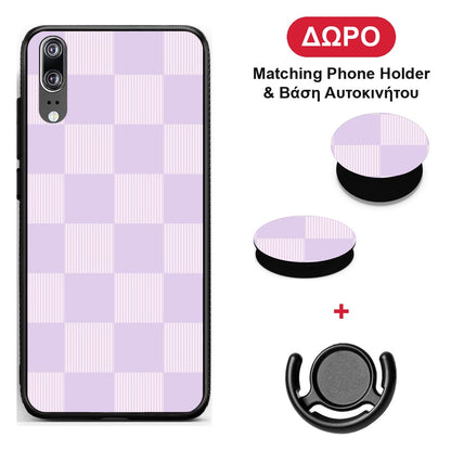Lilac and Cream Striped Checks - Huawei P20 θήκη + Δώρο Phone Holder & Βάση Αυτοκινήτου