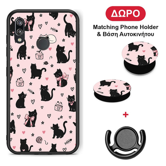 Black Cat Doodles on Pink - Huawei P20 Lite θήκη + Δώρο Phone Holder & Βάση Αυτοκινήτου