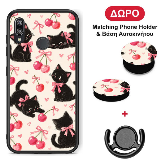 Black Kittens and Cherries on Cream - Huawei P20 Lite θήκη + Δώρο Phone Holder & Βάση Αυτοκινήτου