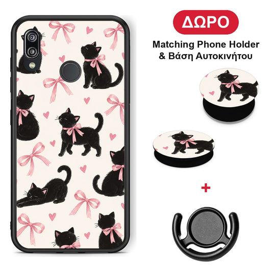 Black Kittens and Pink Bows on Cream Large - Huawei P20 Lite θήκη + Δώρο Phone Holder & Βάση Αυτοκινήτου