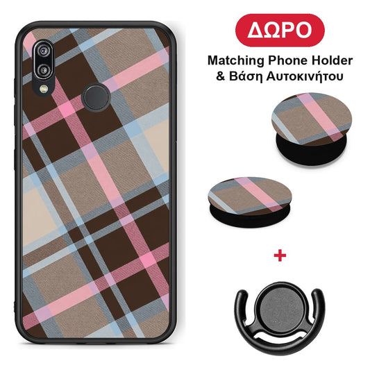 Brown Pink and Blue Diagonal Plaid - Huawei P20 Lite θήκη + Δώρο Phone Holder & Βάση Αυτοκινήτου