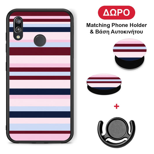Burgundy Pink and Blue Horizontal Stripes - Huawei P20 Lite θήκη + Δώρο Phone Holder & Βάση Αυτοκινήτου