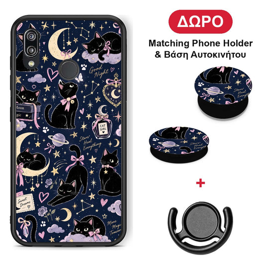 Celestial Black Cats on Navy - Huawei P20 Lite θήκη + Δώρο Phone Holder & Βάση Αυτοκινήτου